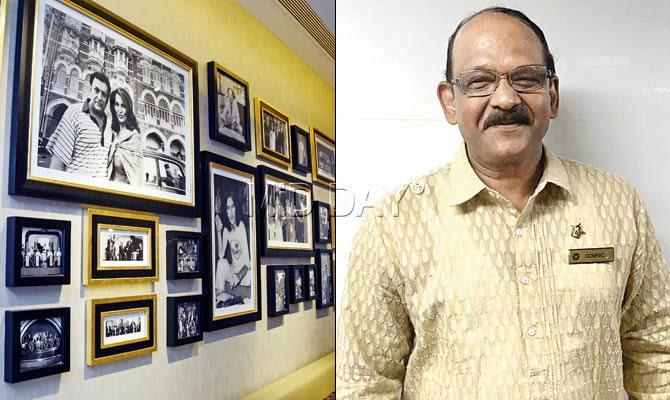 On a wall at the hotel hangs nostalgia in the form of framed photos of popular patrons; (right) hotel staffer Dominic Rodrigues sports the ‘30’ badge. Pics/Sneha Kharabe HARABE