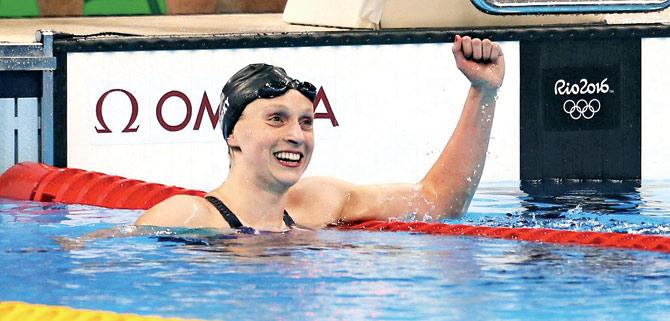 Katie Ledecky of United States celebrates her 800m freestyle win at the Olympic Aquatics Stadium in Rio on Friday. Pic/Getty Images