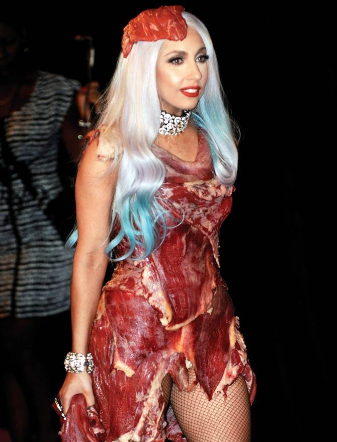 Lady Gaga wears her controversial meat dress, in Los Angeles on September 12, 2010. Pic/AFP