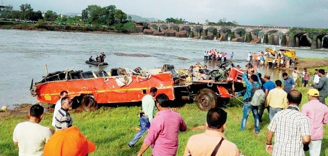 Wreckage of the first MSRTC bus found last week. Pic/PTI