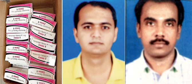 (From left) The drugs seized by NCB, Krishna Chowdhary , the owner of the Andheri pharmaceutical company, who was arrested with his employee Murgan Nadar