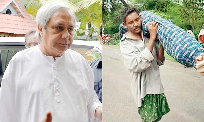 Naveen Patnaik (left) described as ‘distressing’ the incident (left) wherein Dana Majhi carried his wife’s body upon not getting an ambulance