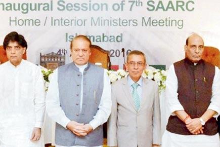 Pakistan PM Nawaz Sharif with Home Minister Rajnath Singh and Pakistan’s Interior Minister Chaudhry Nisar Ali Khan at the 7th SAARC Home/Interior Ministers meeting in Islamabad yesterda