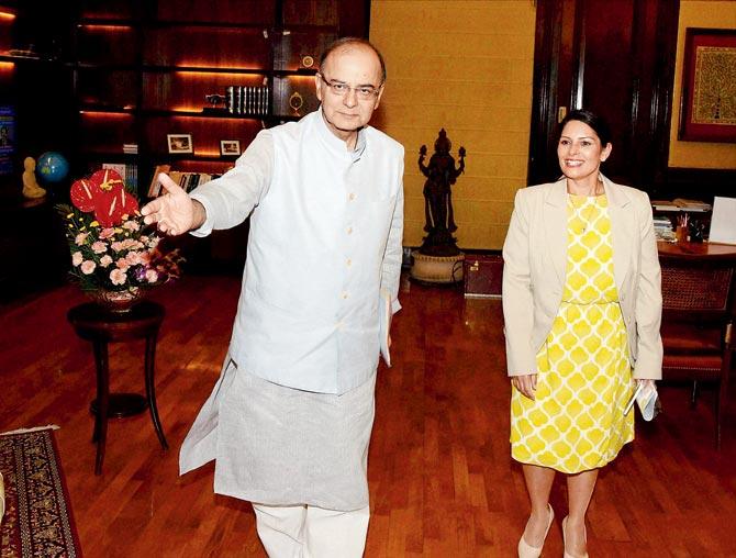 Union Finance Minister Arun Jaitley with UK’s Secretary of State for International Development, Priti Patel, before a meeting at South Block in New Delhi on Friday