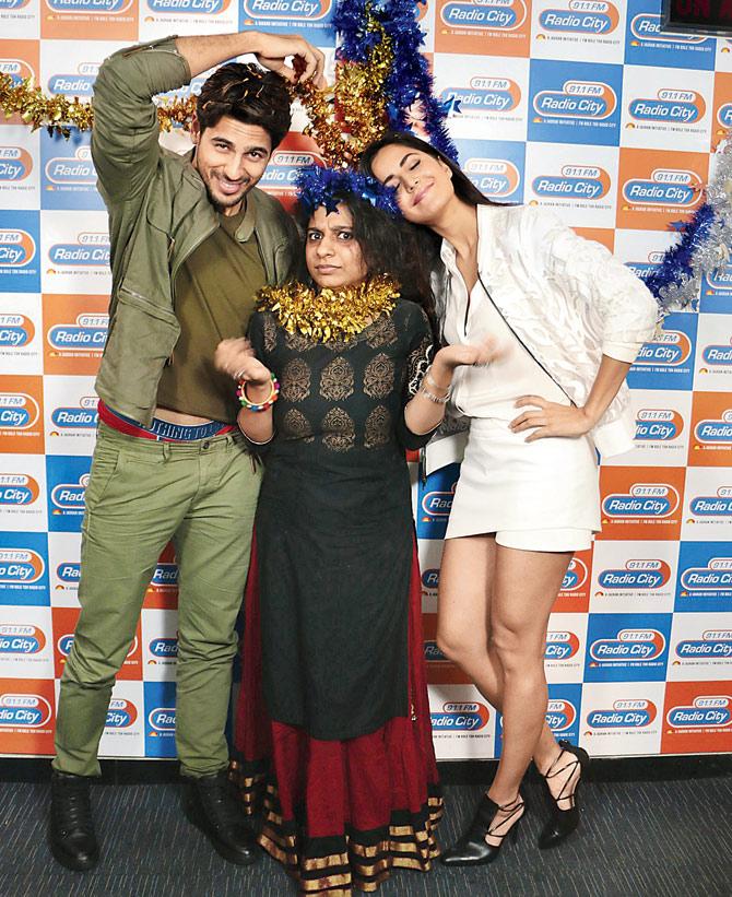 Sidharth Malhotra and Katrina Kaif with RJ Sucharita at Radio City 91.1FM to promote their upcoming film, Baar Baar Dekho