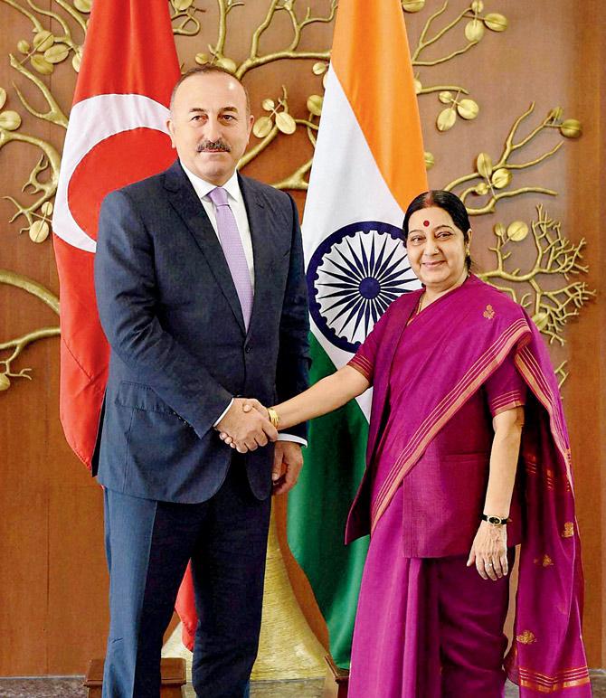 Turkish Foreign Minister Mevlut Cavusoglu and his Indian counterpart Sushma Swaraj PIC/PTI