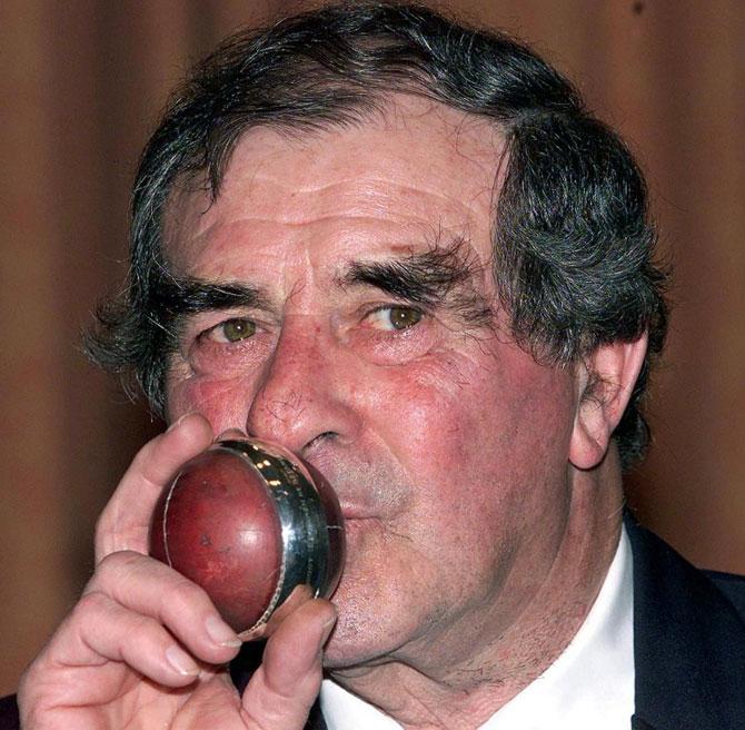 English cricket legend Fred Trueman with the cricket ball with which he achieved his three hundreth test wicket against the West Indies in 1963, at the Grosvenor House in London. 