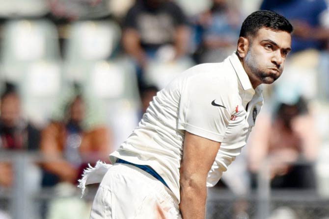 India’s R Ashwin in full cry against England on Day Two of the fourth Test at Wankhede Stadium in Mumbai yesterday. Pic/Suresh Karkera