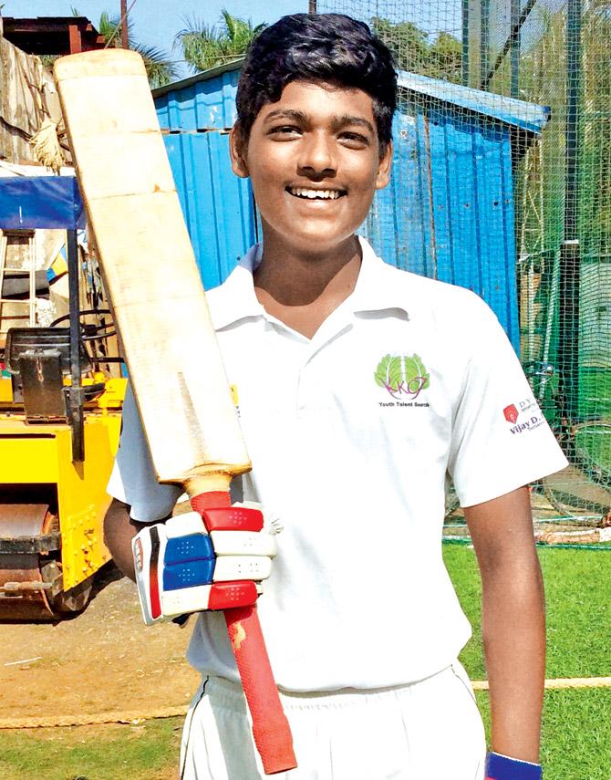 Aadarsh Patil of Shardashram Vidyamandir scored 111 in just 88 balls against IES New English School Bandra. Pic/Binaisha M Surti