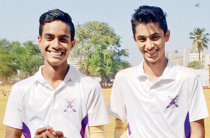 Sumeir Zaveri (left) and Krish Shah of Cathedral and John Connon picked up four wickets each for 41 and 37 runs respectively. Pic/Binaisha M Surti