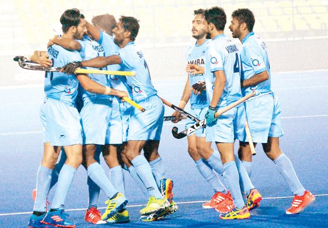 Indians celebrate a goal vs England in the Junior World Cup hockey tourney at the Major Dhyan Chand Stadium in Lucknow recently. Pic/PTI