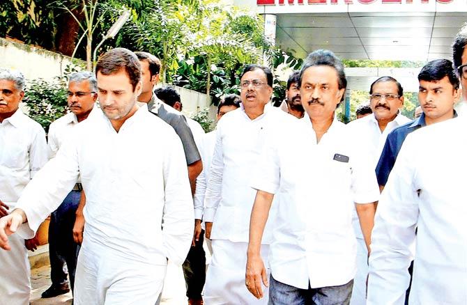 Rahul Gandhi and DMK treasurer MK Stalin leave Kauvery Hospital after visiting the DMK party chief in Chennai on Saturday. Pic/PTI 