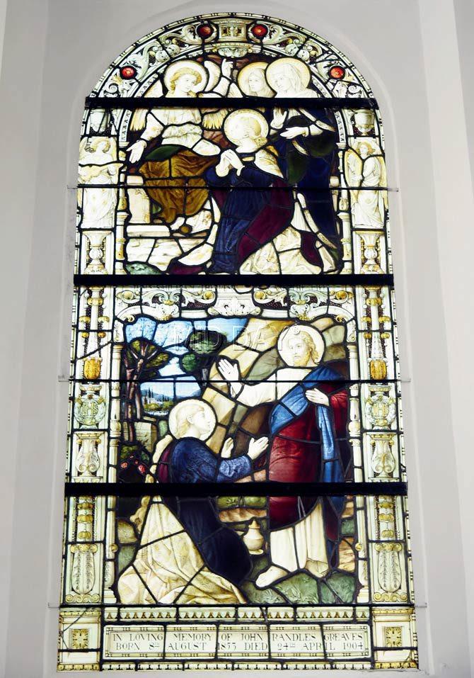 J Scott of Carlisle manufactured the three stained glass panels that are behind the main altar. The second heavily painted panel (above), dedicated to John Randels Greave (c. 1904), can be spotted to the left of the main altar when you enter the church
