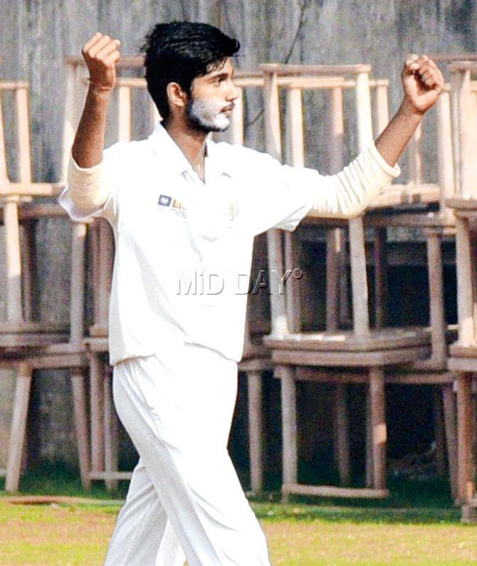Ayush Sharma celebrates during his seven-wicket haul for Podar which went in vain yesterday. Pics/Suresh Karkera