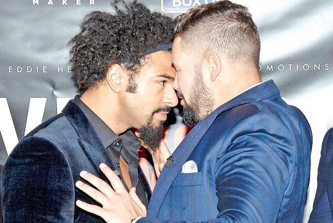 British boxers David Haye (left) and Tony Bellew clash during a press conference in London yesterday. Pic/AFP