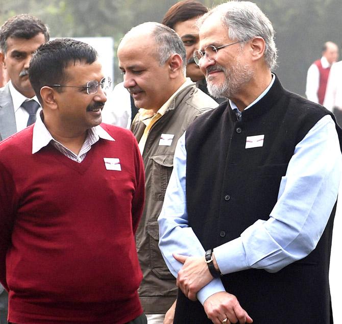 In this file picture Delhi Lt Governor Najeeb Jung is seen with Chief Minister Arvind Kejriwal in New Delhi in Dec 2015. Jung on Thursday resigned as the Lieutenant Governor of Delhi. Pic/PTI