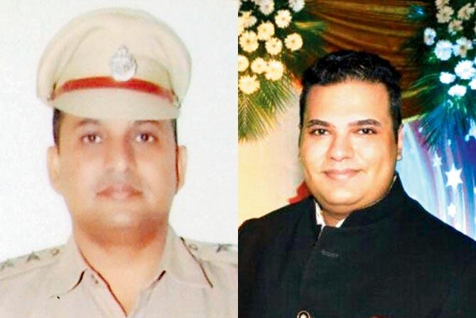 Inspector Vidyanand Dahiya; (right) BJP youth leader Chirag Gupta