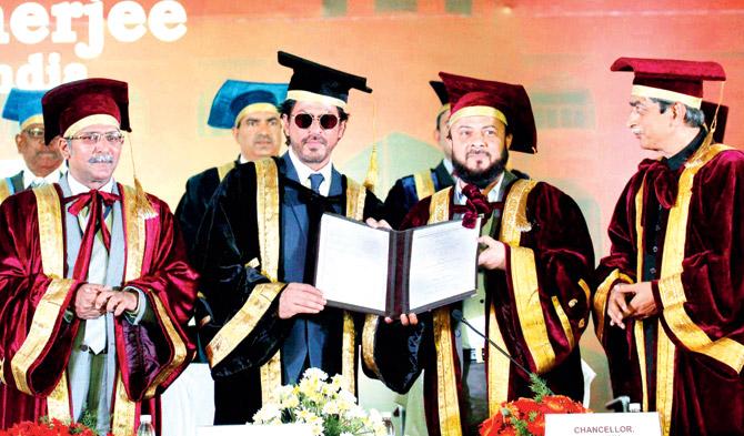 MANUU Chancellor Zafar Yunus Sareshwala confers honorary doctorate degree upon Bollywood actor Shah Rukh Khan at Maulana Azad National Urdu University (MANUU)