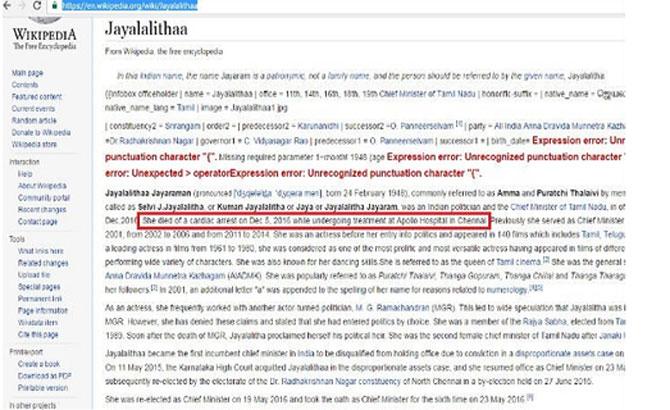 Wikipedia kills Jayalalithaa