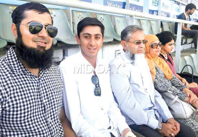 Haseeb Hameed (second from left) watches England play in the fourth Test along with his brother Nauman (left) and other family members at the Wankhede Stadium yesterday. Pic/Subodh Mayure