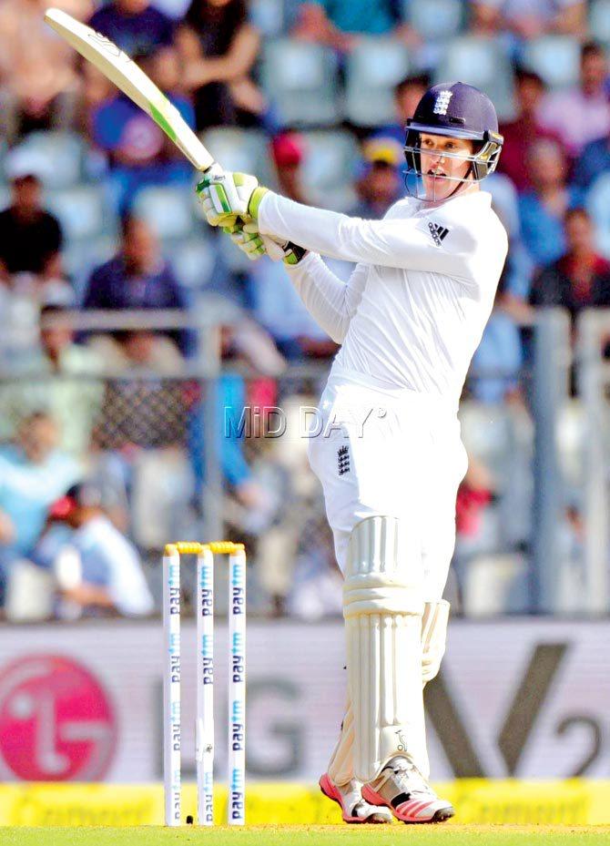 England opener Keaton Jennings plays a shot during the first day of the fourth Test against India at the Wankhede Stadium in Mumbai yesterday. Pic/Suresh Karkera