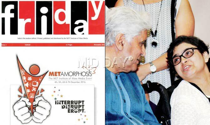 The cover of the launch edition of the students’ tabloid; Javed Akhar interacts with a student from ADAPT at the MET institute yesterday. Pic/Poonam Bathija