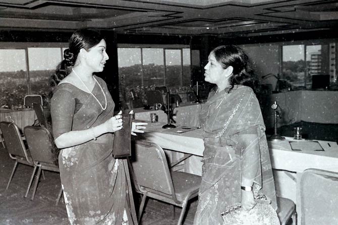Jayalalithaa (left) with actress Sowcar Janaki at an event organised by regional daily Makkal Kural (People’s Voice). Sundaram was the official photographer of the magazine. Jaya was still a film star then and Sowcar Janaki was MGR’s former co-star. Janaki and Jaya had known each other a long time and the two went on to have a long-standing friendship. This photo was taken at a Chennai hotel, a popular venue for film functions