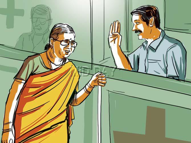 Dharavi resident Kantabai Selekar (65) reaches Nair hospital OPD for her eye treatment, where she is told to wait, saying it will happen at 4 pm. Illustration/Uday Mohite