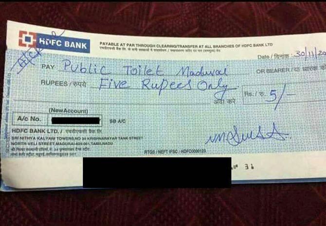 Believe it or not! This man paid Rs. 5 by cheque for using public toilet