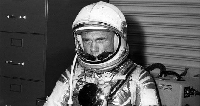 John Glenn is suited up, on January 20, 1962 in preparation for a simulated test during a training session before his 20 February 1962 NASA