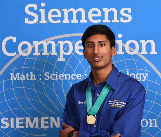 Vineet Edupuganti won the $100,000 grand prize in the 17th annual Siemens Math, Science and Technology Competition. He developed a biodegradable battery that can be used to power medical dvices that can be swallowed to diagnose and track conditions affecting internal organs. He is a final year high school student in Portland in Oregon state. (Photo credit: Siemens Foundation/via IANS)