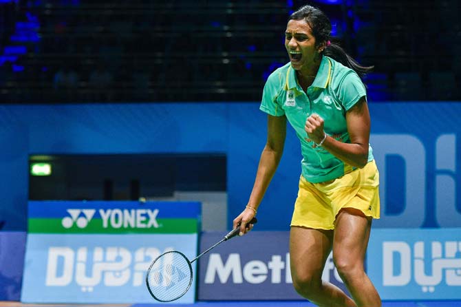 Pusarla V. Sindhu of India reacts during her women