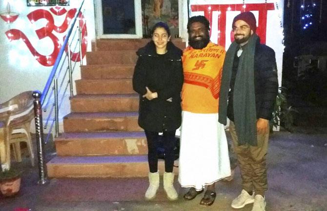 Cricketer Virat Kohli and actress Anushka Sharma at an Ashram in Haridwar on Thursday