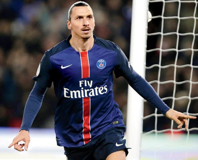 PSG’s Zlatan Ibrahimovic celebrates a goal vs Lorient on Wednesday