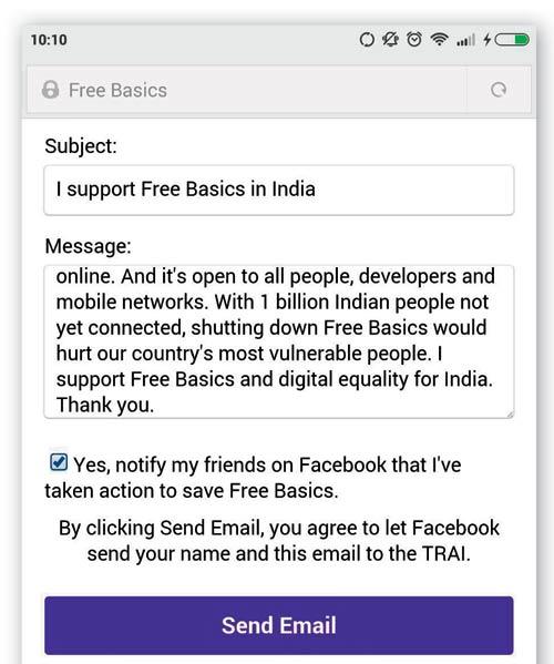 A screenshot of the message that received widespread criticism for being a sly move by Facebook to gather numbers for it Free Basics programme 