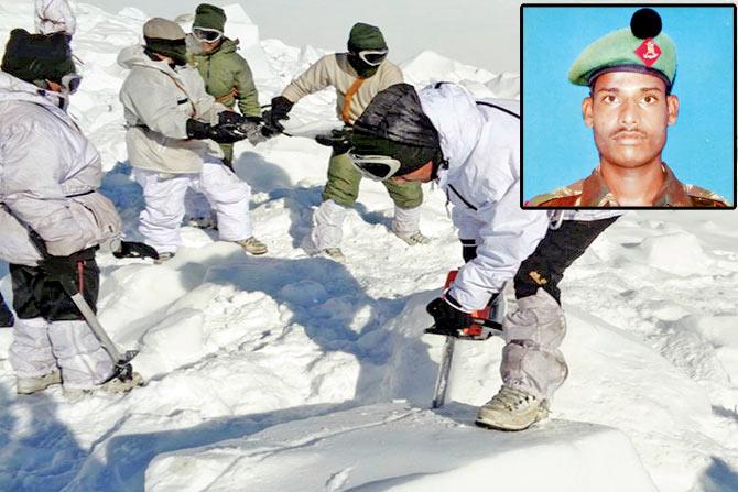 Lance Naik Hanumanthappa Koppad; (right) soldiers cut through ice and snow in the search of survivors after a deadly avalanche on the Siachen glacier. Pics/PTI