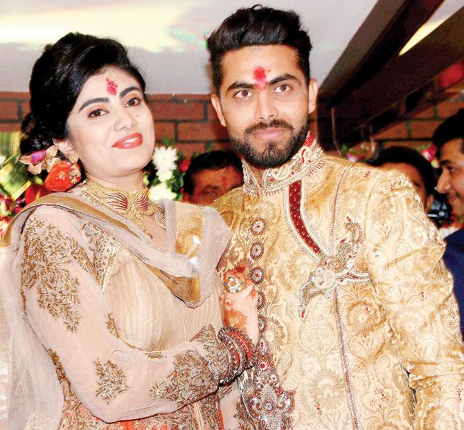 Jadeja and Reeva after their engagement in Rajkot on February 5. Pic/PTI 