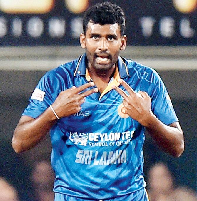 Thisara Perera celebrates after taking a hat-trick vs India in Ranchi on Friday. Pic/PTI