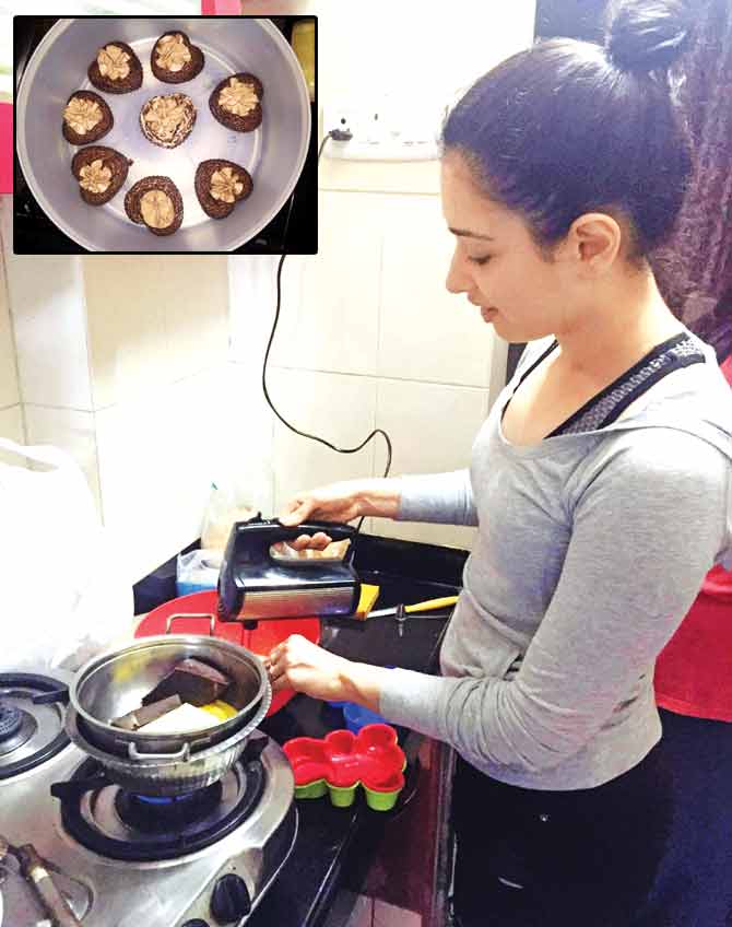 Tamannah Bhatia in her kitchen and (inset) the heart-shaped cakes she made for Valentine