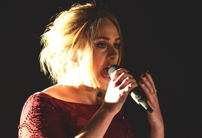 Adele performs onstage during the 58th Annual Grammy music Awards in Los Angeles. Pic/AFP