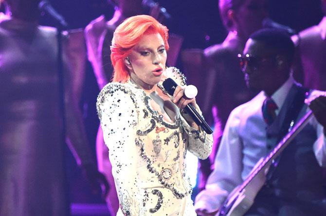 Lady Gaga performs onstage during the 58th Annual Grammy music Awards in Los Angeles. Pic/AFP