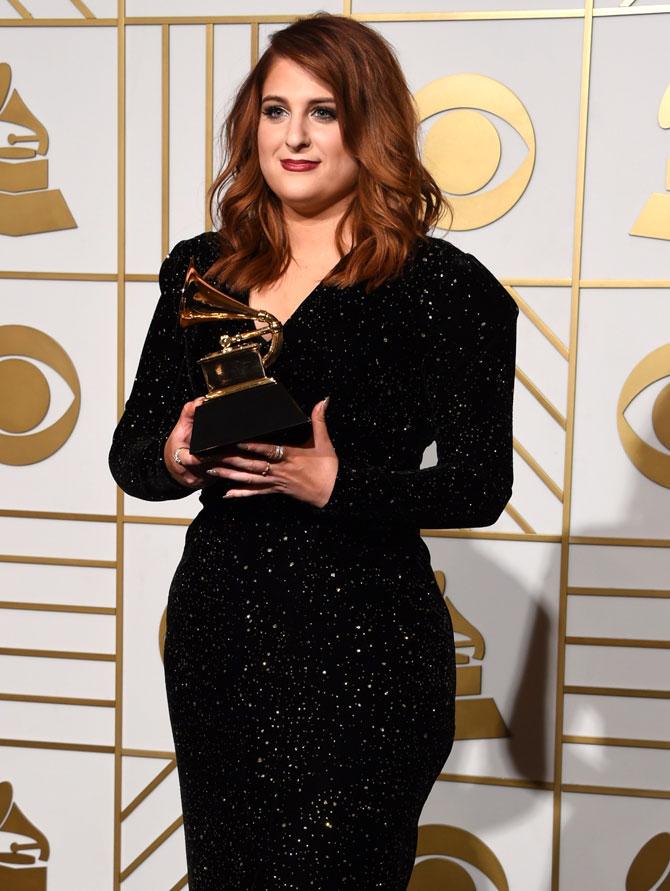 Pop singer Meghan Trainor holds her trophy for Best New Artist in the press room during the 58th Annual Grammy Music Awards in Los Angeles. Pic/AFP