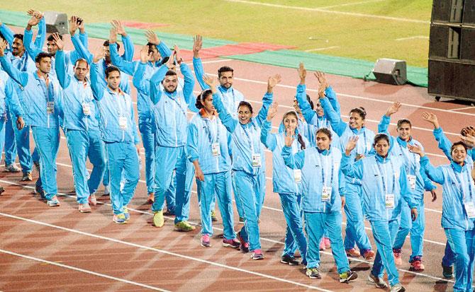 The Indian contingent during the march past at the closing ceremony of the 12th South Asian Games in Guwahati yesterday. Pic/PTI