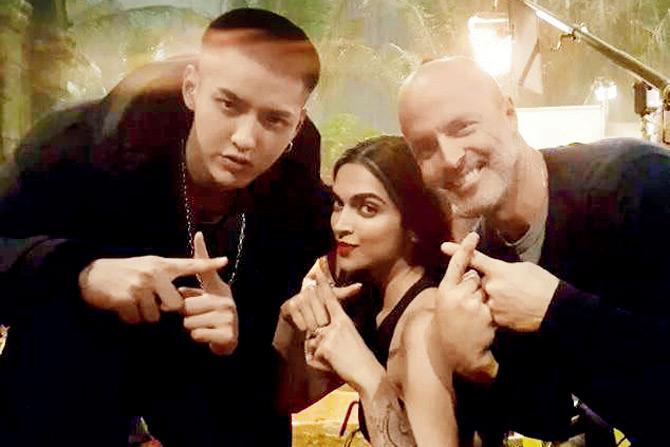 From left: Kris Wu, Deepika Padukone and DJ Caruso on the set of the film