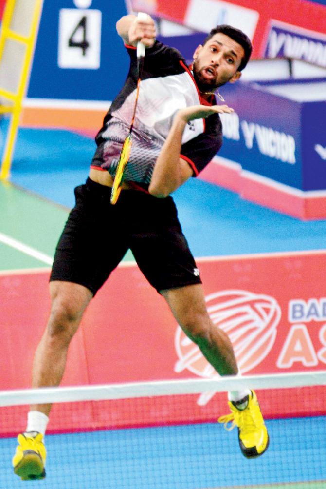 Indian shuttler HS Pranoy enroute to his win in the Badminton Asia Team Championships. pic/pti