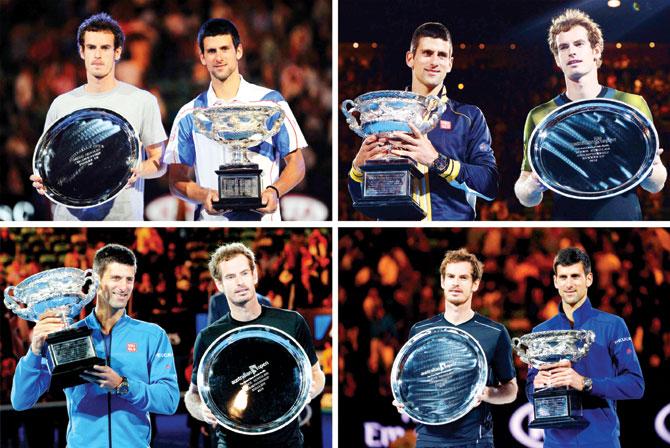 History repeats: Yesterday was the fourth time Novak Djokovic beat Andy Murray to the Norman Brookes Trophy in Melbourne. A combination of pictures above shows all four. (1) in 2011, (2) 2013, (3) 2015 (4) 2016. Pic/AFP