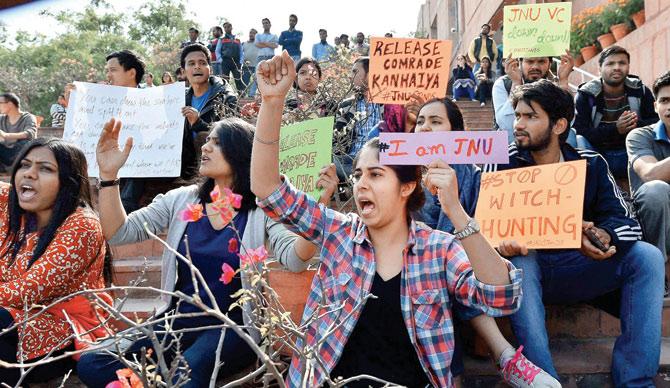 JNU students agitating for the release of the Students Union President Kanhaiya Kumar at the Jawaharlal Nehru University (JNU) in New Delhi on Tuesday. PIC/PTI