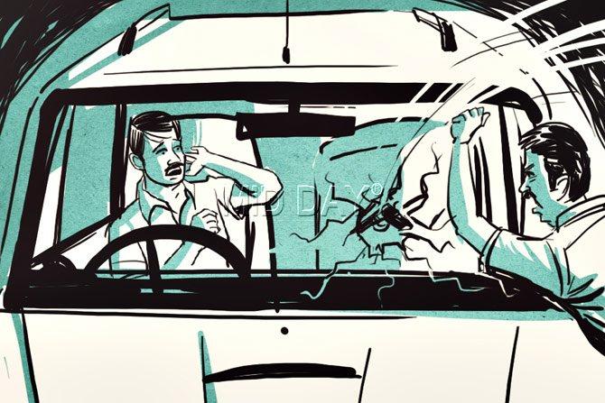 Following their unsuccessful attempt at firing at Sapke, the duo tries to break the left window of Sapke’s car by banging Shankar’s revolver on it. The gun falls inside the car.