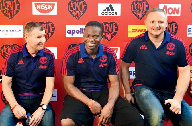 Man United legends Denis Irwin (left), Louis Saha and David May (right) during the IloveUnitedIndia, a fan-based event at the Bandra Kurla Complex in Mumbai yesterday