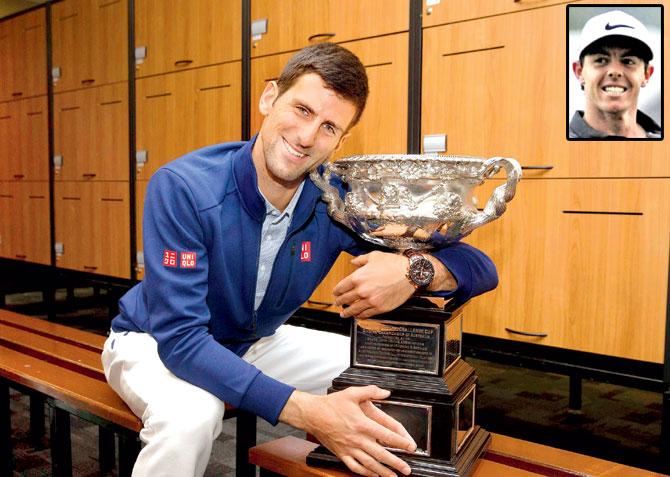 Novak Djokovic with the trophy after winning the Australian Open final on Sunday in Melbourne. Inset: Rory McIlroy. Pics/AFP